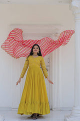 Embroidered Yellow Gown With Leheriya Print Dupatta