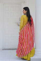 Embroidered Yellow Gown With Leheriya Print Dupatta