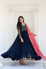 Embroidered Navy Blue Gown With Leheriya Print Dupatta