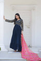 Embroidered Navy Blue Gown With Leheriya Print Dupatta