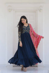 Embroidered Navy Blue Gown With Leheriya Print Dupatta