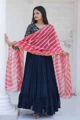 Embroidered Navy Blue Gown With Leheriya Print Dupatta