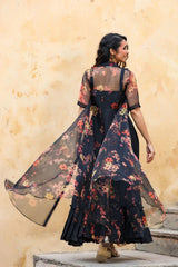Fabulous Black Gown With Printed Organza Shrug