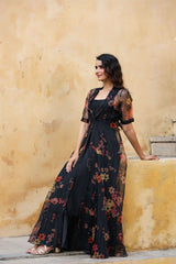 Fabulous Black Gown With Printed Organza Shrug