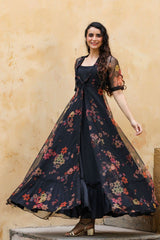Fabulous Black Gown With Printed Organza Shrug