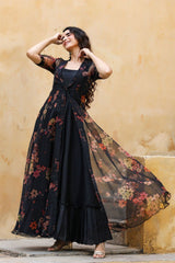 Fabulous Black Gown With Printed Organza Shrug