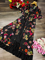 Fabulous Black Gown With Printed Organza Shrug