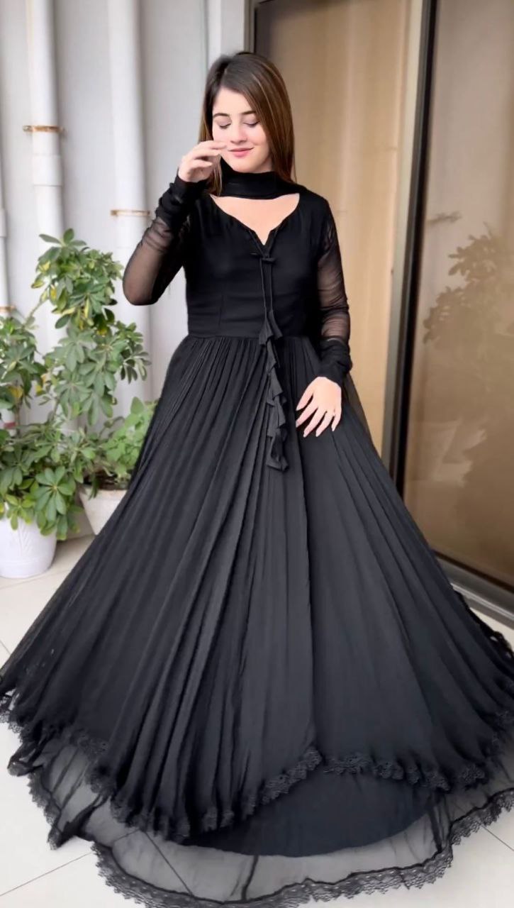 Exclusive Double Layer Plain Black Color Long Gown RangVastra