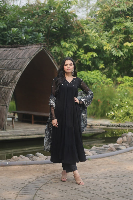 Black Color Alia Cut Kurti Set With Rich Print Dupatta Gown