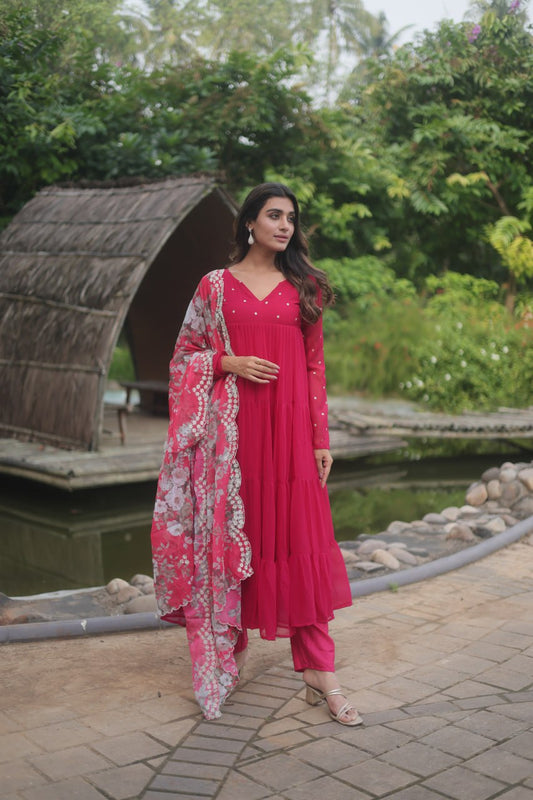 Pink Color Alia Cut Kurti Set With Rich Print Dupatta Gown