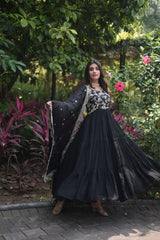 Jacquard Embroidery Work Black Color Gown With Dupatta