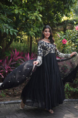 Jacquard Embroidery Work Black Color Gown With Dupatta