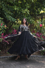 Jacquard Embroidery Work Black Color Gown With Dupatta