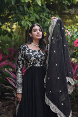 Jacquard Embroidery Work Black Color Gown With Dupatta