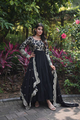 Jacquard Embroidery Work Black Color Gown With Dupatta