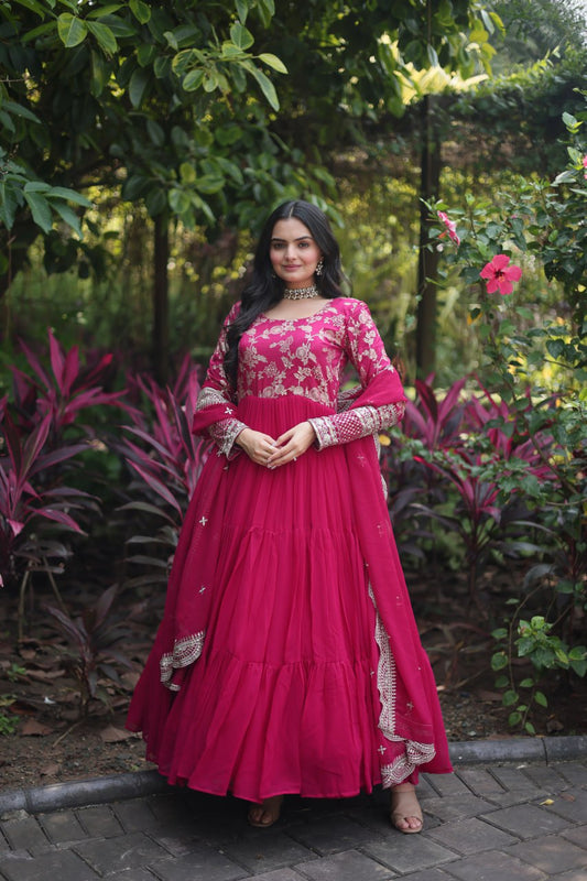 Jacquard Embroidery Work Pink Color Gown With Dupatta