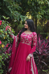 Jacquard Embroidery Work Pink Color Gown With Dupatta