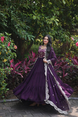 Jacquard Embroidery Work Wine Color Gown With Dupatta