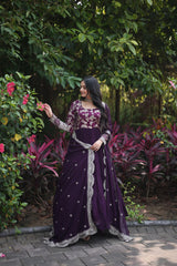 Jacquard Embroidery Work Wine Color Gown With Dupatta