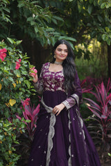 Jacquard Embroidery Work Wine Color Gown With Dupatta