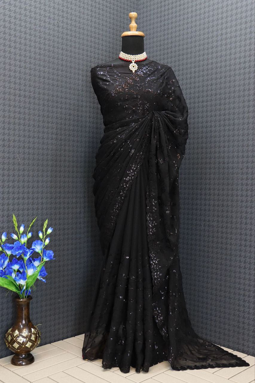 Fashionable Seqwance Work Black Color Saree