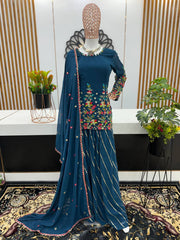 Captivating  Embroidery Sequence Work Teal Color Sharara Suit