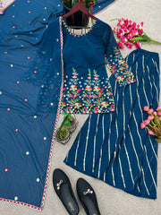Captivating  Embroidery Sequence Work Teal Color Sharara Suit