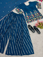 Captivating  Embroidery Sequence Work Teal Color Sharara Suit
