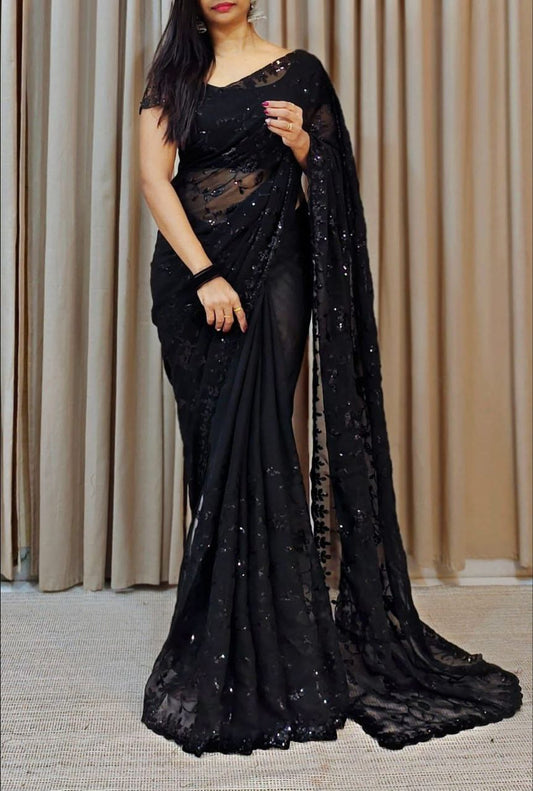 Fashionable Seqwance Work Black Color Saree