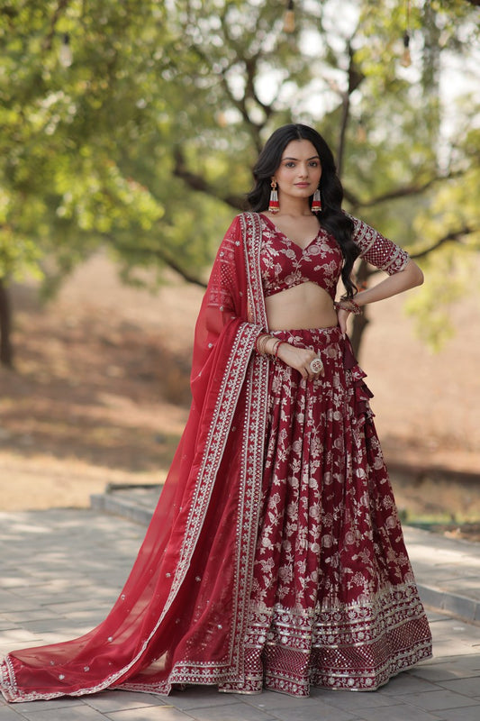 Weeding Wear Maroon Color Jacquard Embroidered Sequins Work Lehenga Choli