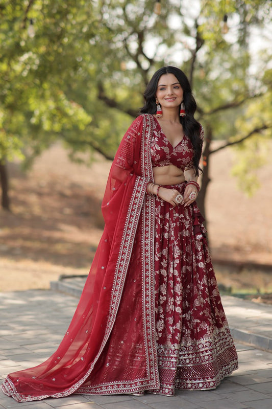 Weeding Wear Maroon Color Jacquard Embroidered Sequins Work Lehenga Choli