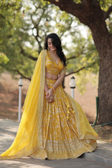 Weeding Wear Yellow Color Jacquard Embroidered Sequins Work Lehenga Choli