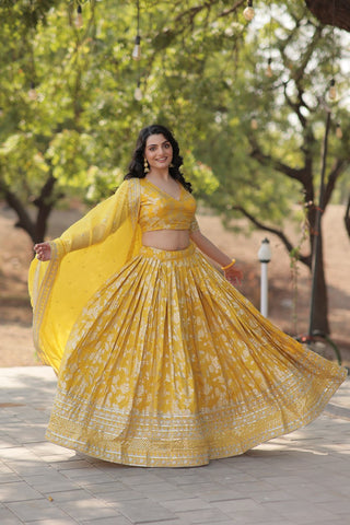 Weeding Wear Yellow Color Jacquard Embroidered Sequins Work Lehenga Choli