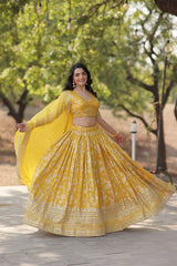 Weeding Wear Yellow Color Jacquard Embroidered Sequins Work Lehenga Choli