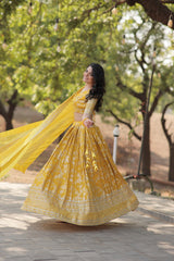 Weeding Wear Yellow Color Jacquard Embroidered Sequins Work Lehenga Choli