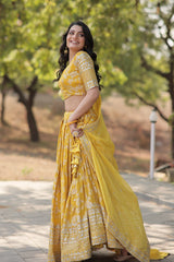 Weeding Wear Yellow Color Jacquard Embroidered Sequins Work Lehenga Choli