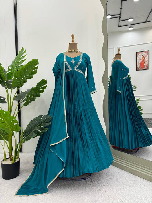 Innovative Thread with Sequence Work Aqua Blue Color Anarkali Gown