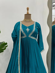 Innovative Thread with Sequence Work Aqua Blue Color Anarkali Gown