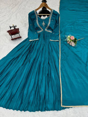 Innovative Thread with Sequence Work Aqua Blue Color Anarkali Gown