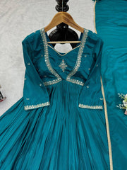 Innovative Thread with Sequence Work Aqua Blue Color Anarkali Gown