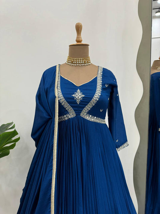 Innovative Thread with Sequence Work Navy Blue Color Anarkali Gown