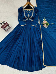 Innovative Thread with Sequence Work Navy Blue Color Anarkali Gown