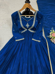 Innovative Thread with Sequence Work Navy Blue Color Anarkali Gown