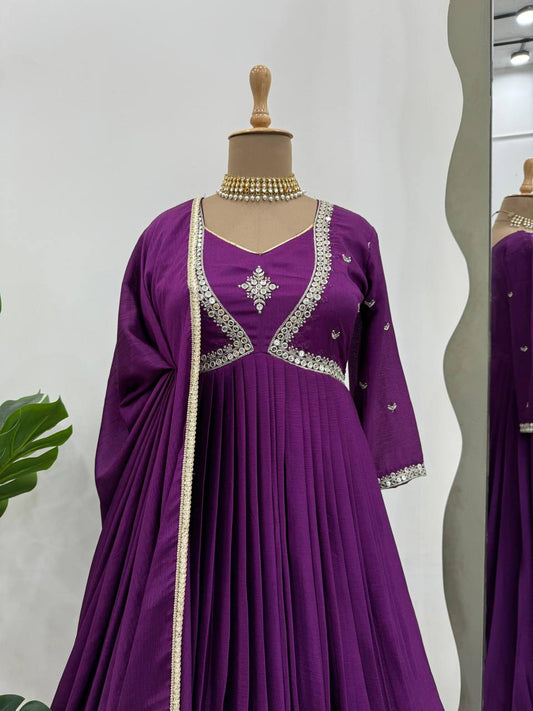 Innovative Thread with Sequence Work Wine Color Anarkali Gown