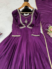 Innovative Thread with Sequence Work Wine Color Anarkali Gown