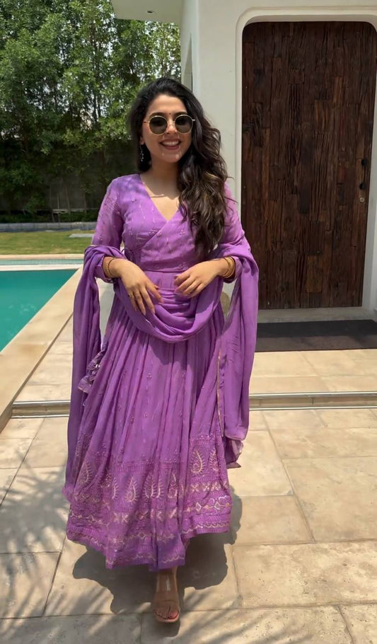 Admiring Embroidery SequenceWork Purple Anarkali Gown