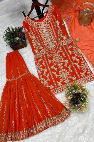 Thread Sequence Work Orange Color Sharara Suit