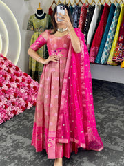 Adorable Pink Zari Work Weaving Jacquard Gown With Dupatta