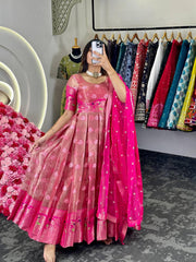 Adorable Pink Zari Work Weaving Jacquard Gown With Dupatta