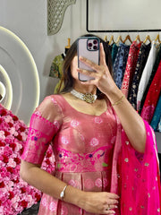 Adorable Pink Zari Work Weaving Jacquard Gown With Dupatta